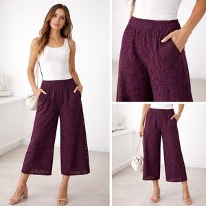 Zara Women's Plum Floral Lace Wide Leg Pants XS